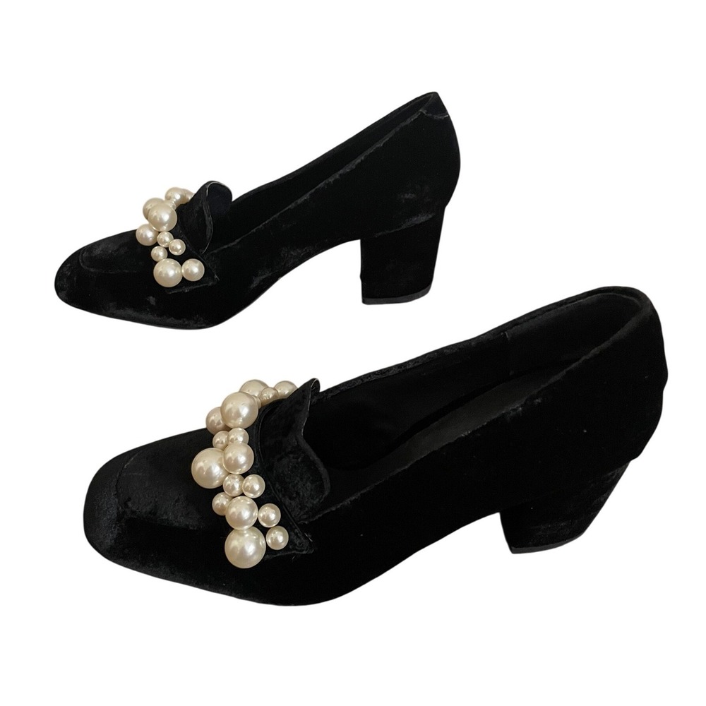 E8 by Miista Black Velvet Pearl Chunky Block Heel Loafer Pumps 10.5 Old Money